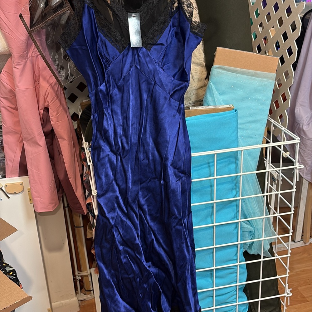 Trashy Diva Royal Blue Satin Viv Slip Dress with Black Lace trim